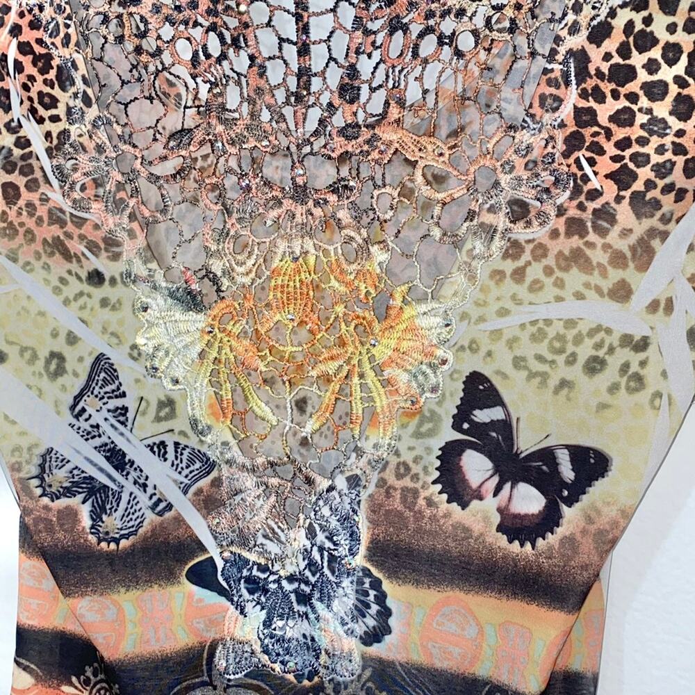 S VTG Y2k Sue Who Sublimation Embellished Studded Crochet Back Butterfly Tee - Picture 13 of 13